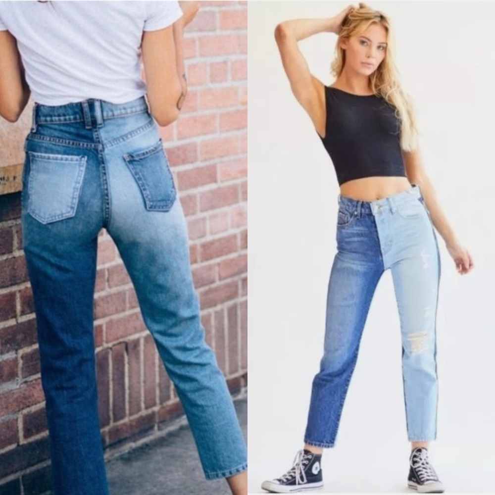 REVICE Two-Tone Cropped Ankle Jeans in Light & Medium Blue